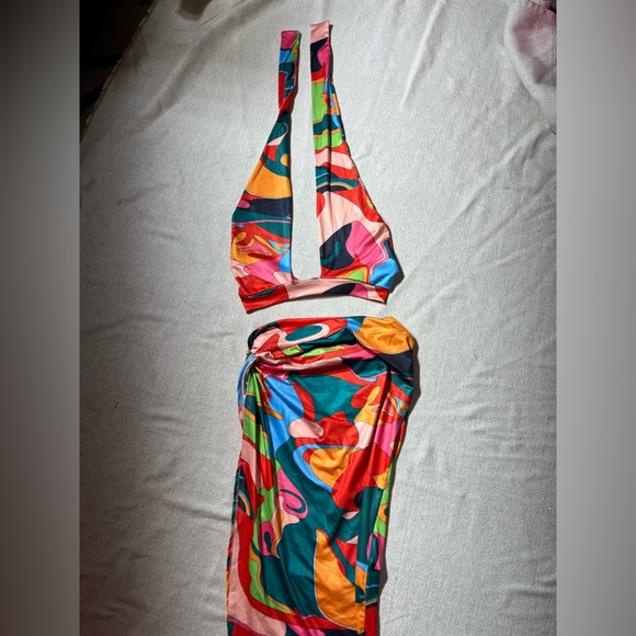 Coord Set Psychedelic Colorful Swirls 60s/70’s Style Halter Bra Top Skirt - Picture 6 of 12